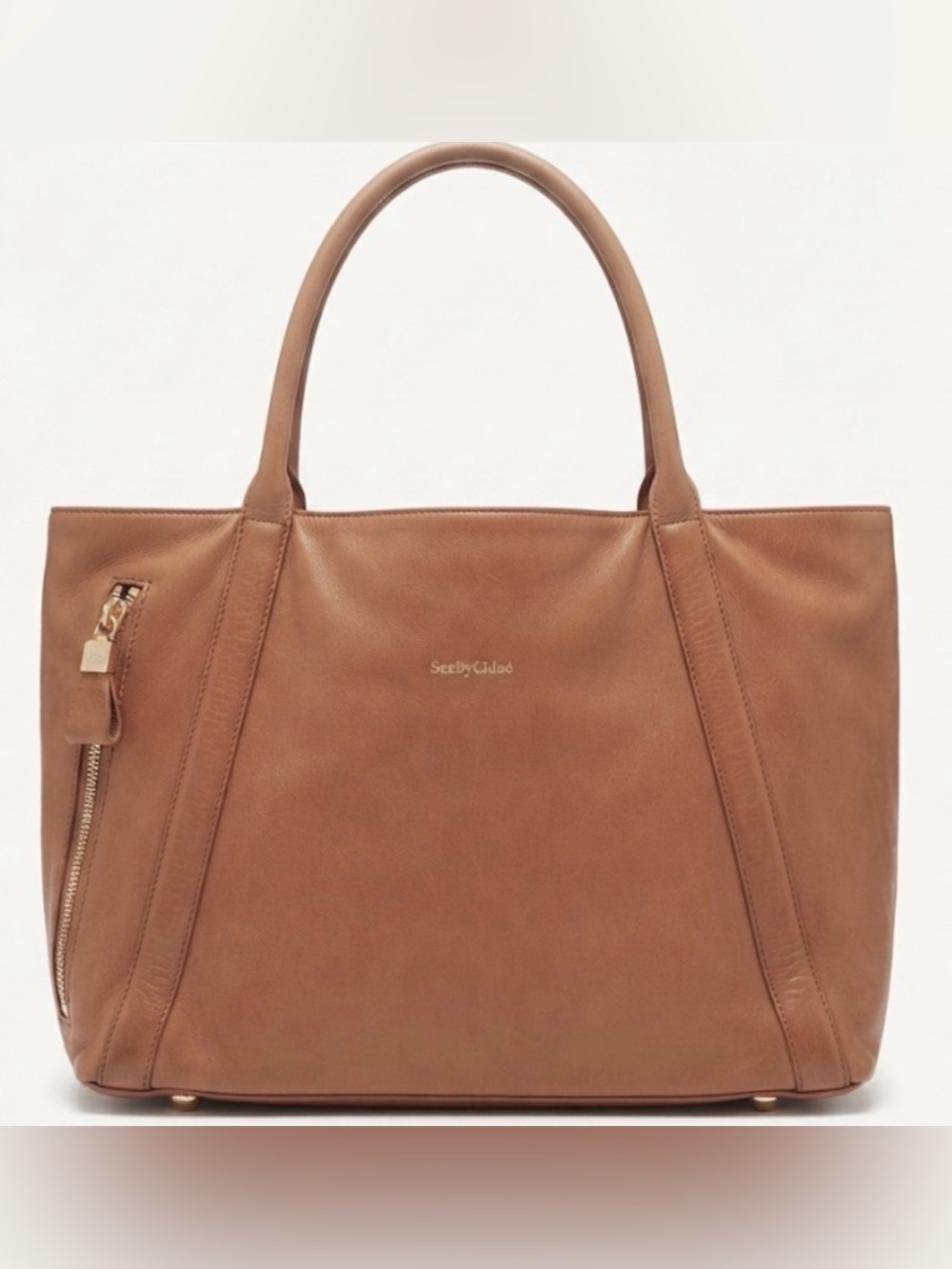 See by Chloé 2015 Tan Genuine Leather Side-Zip Tote Designer Shoulder Bag